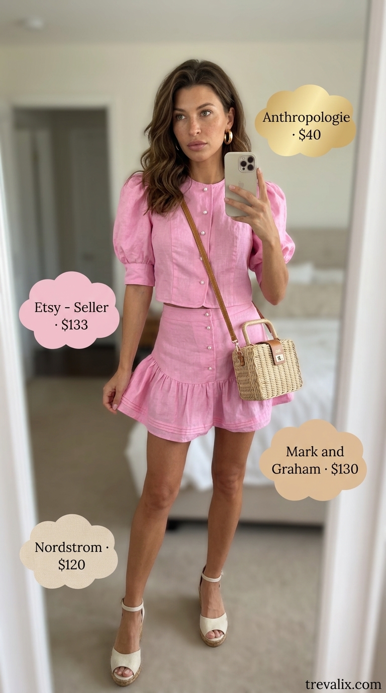 Blush pink linen crop top & pants set, gold earrings for chic summer wardrobe 2026 color trends.