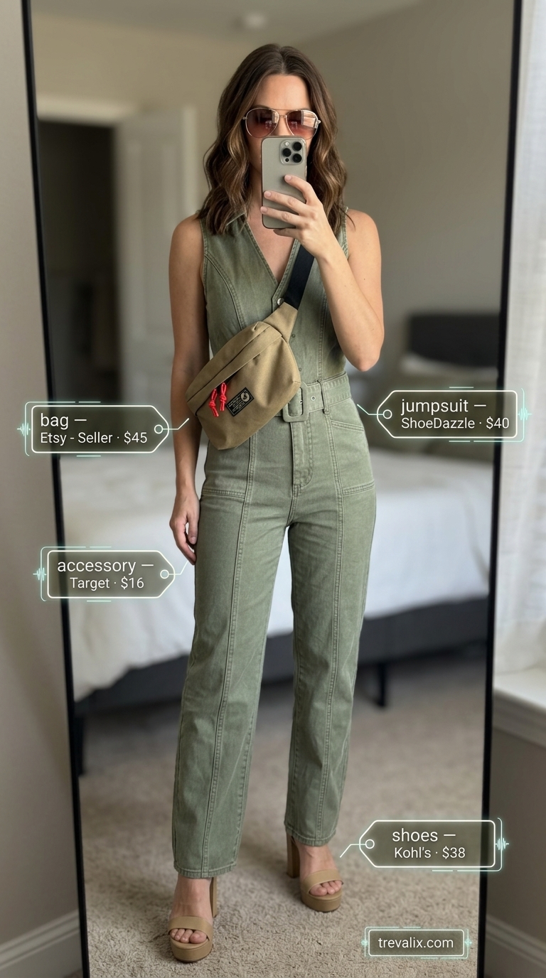 Olive green utility jumpsuit, tan sandals & belt bag for city exploration summer wardrobe 2026.