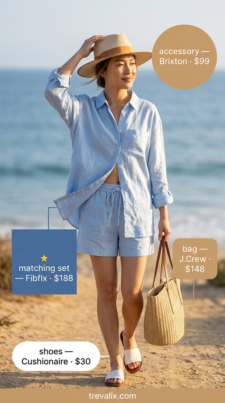 Sky blue linen shirt & shorts set, straw hat & tote for coastal summer wardrobe 2026.