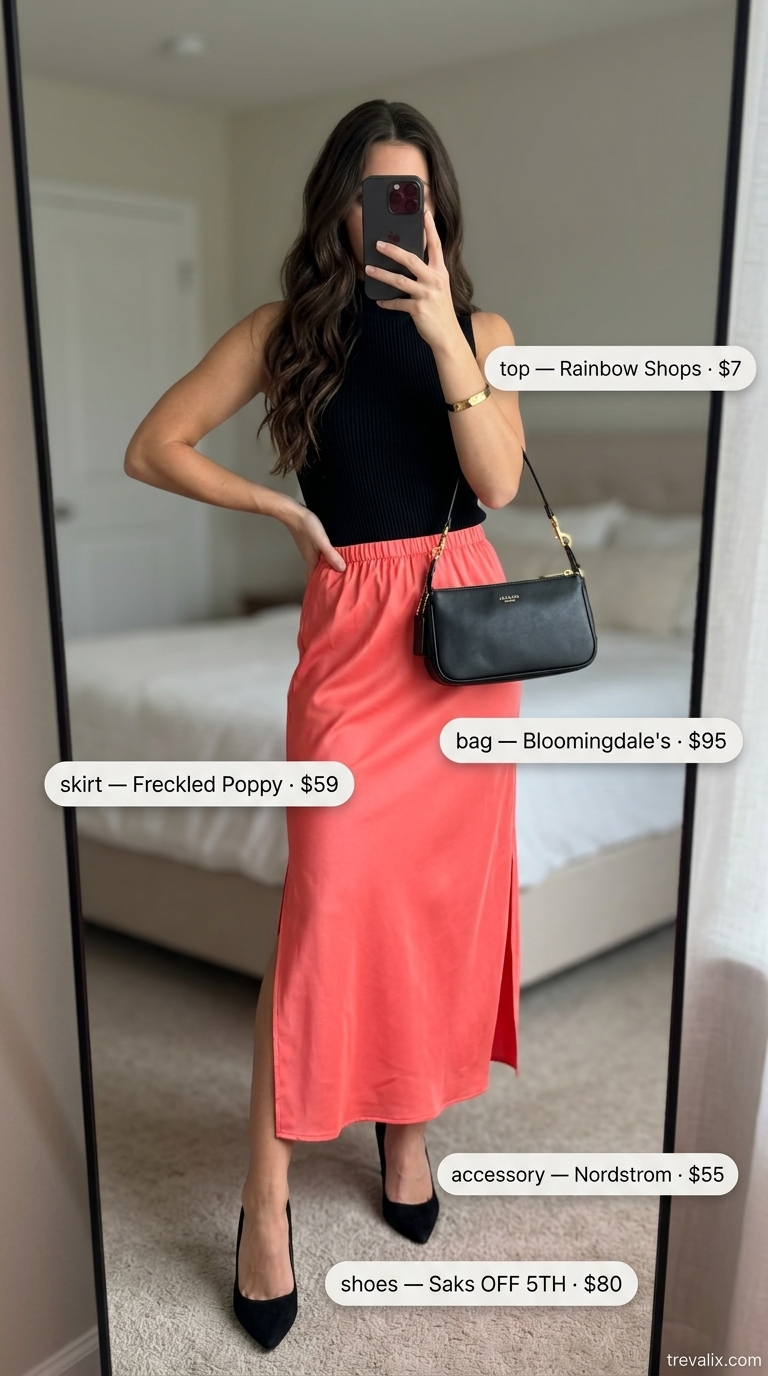 Coral satin midi skirt with black mock neck top and suede pumps for summer wardrobe color trend ideas for women 2026.