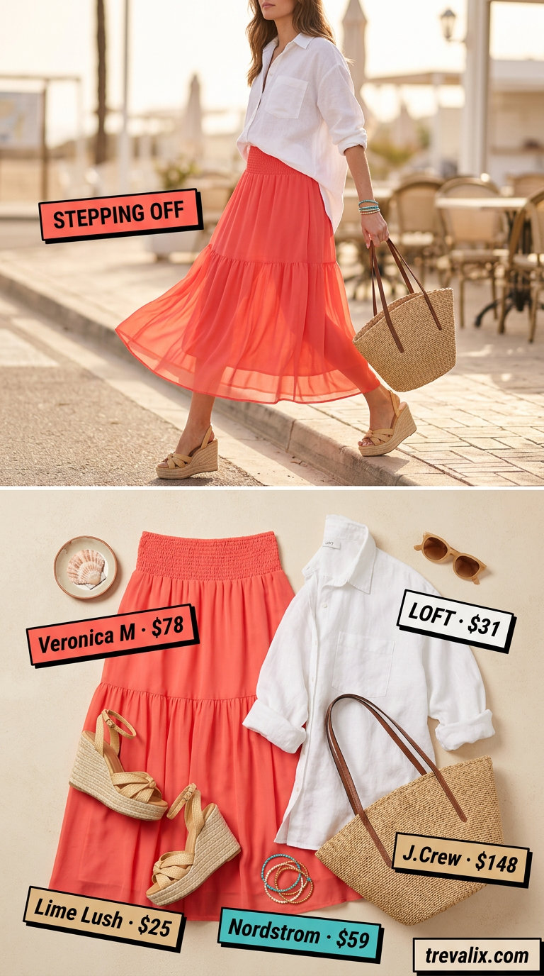 Coral midi skirt outfit for women 2026: white linen shirt, espadrilles, straw tote. Casual brunch style.