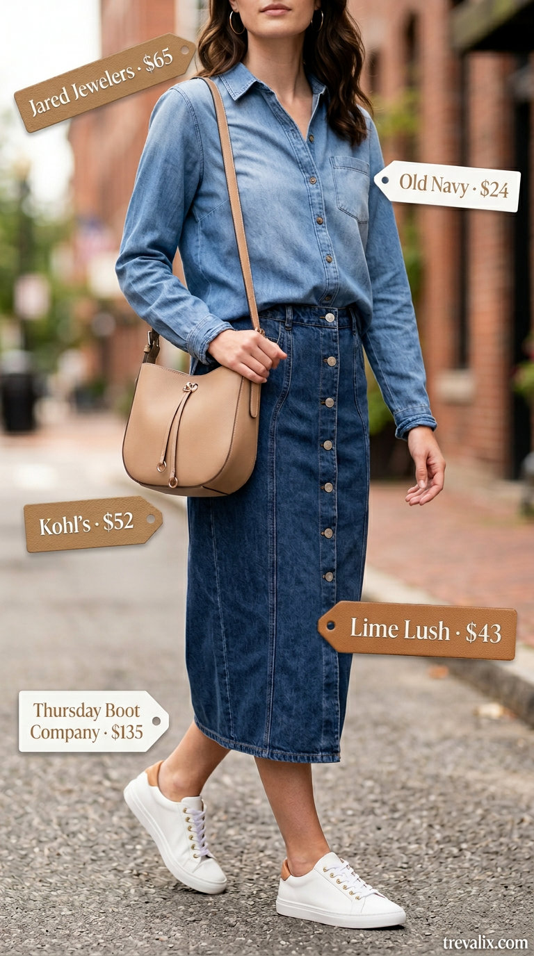 Denim midi skirt and button-down shirt with leather sneakers for summer wardrobe color trend ideas for women 2026.