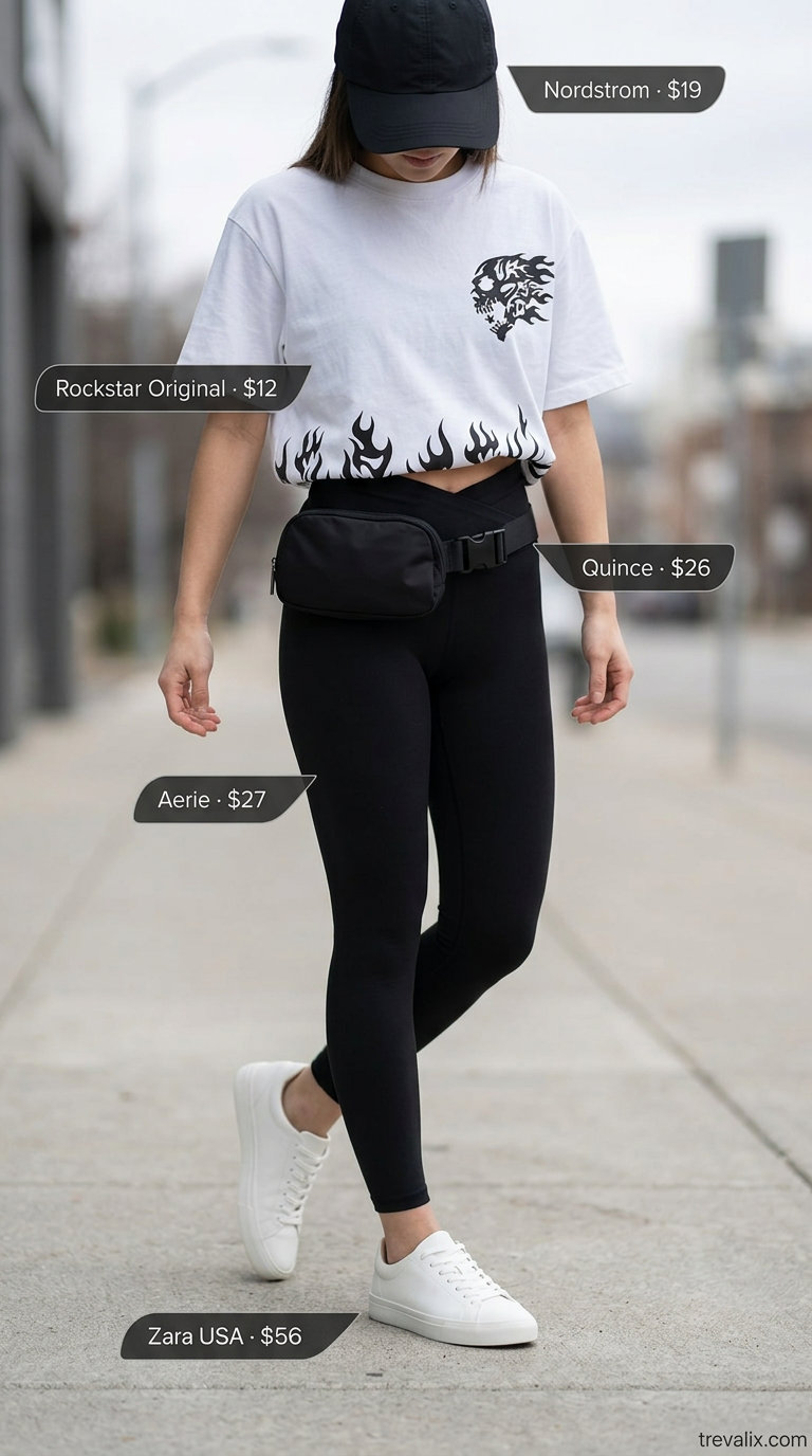 Oversized graphic tee, black leggings, sneakers & cap for elevated athleisure summer wardrobe 2026.