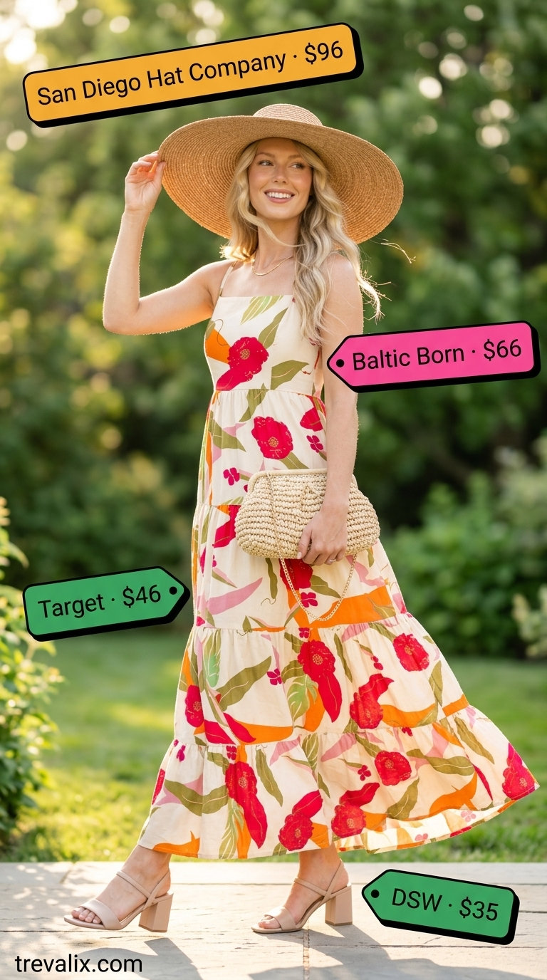 Multi-color floral maxi dress with straw hat and block heels for summer wardrobe color trend ideas for women 2026.