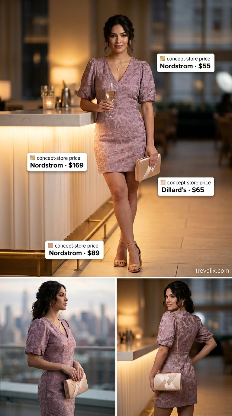 Lavender lace mini dress outfit for women 2026: nude block heels, gold necklace. Date night style.