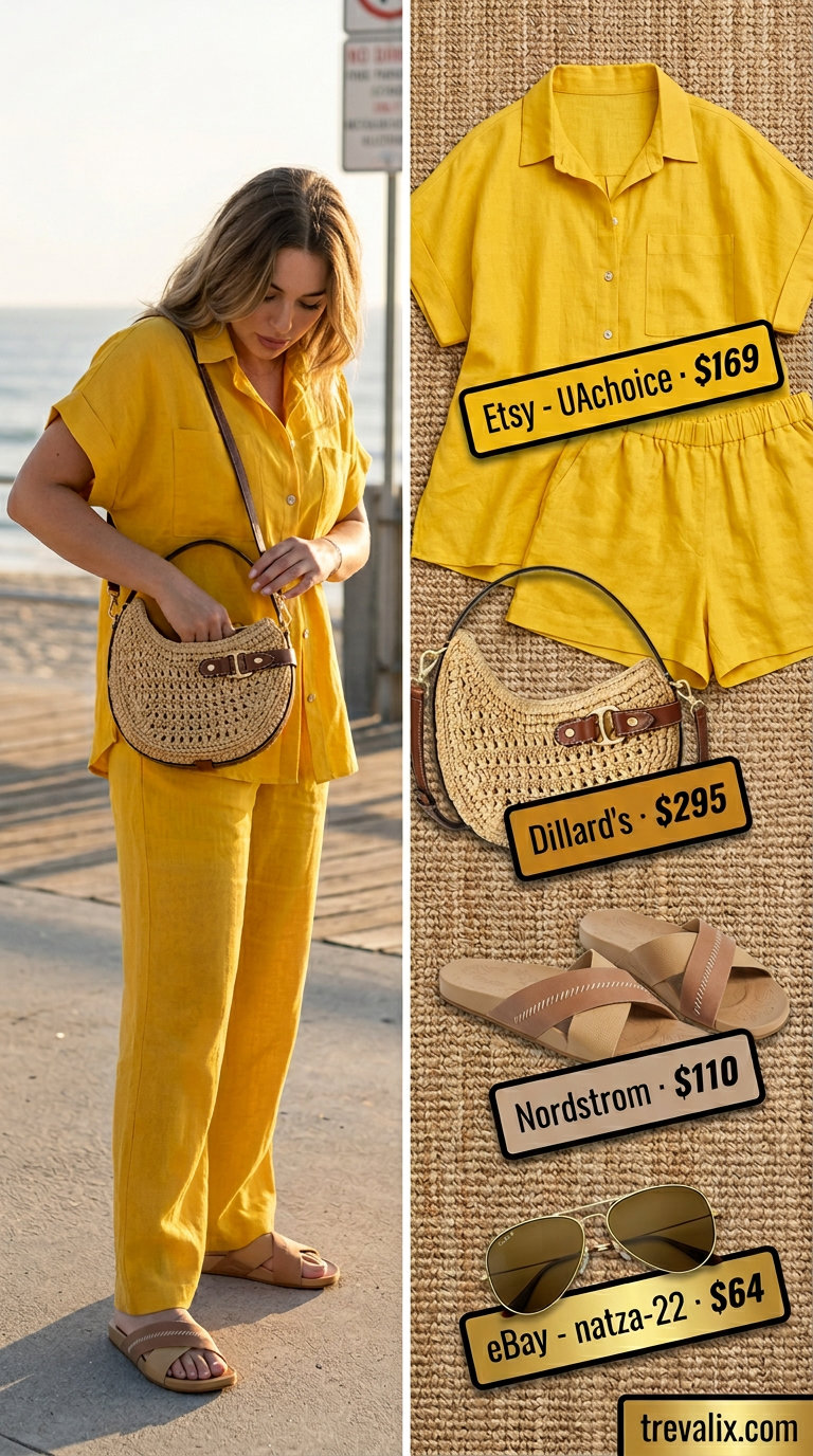 Mustard yellow linen co-ord set with sunglasses and straw bag for summer wardrobe color trend ideas for women 2026.