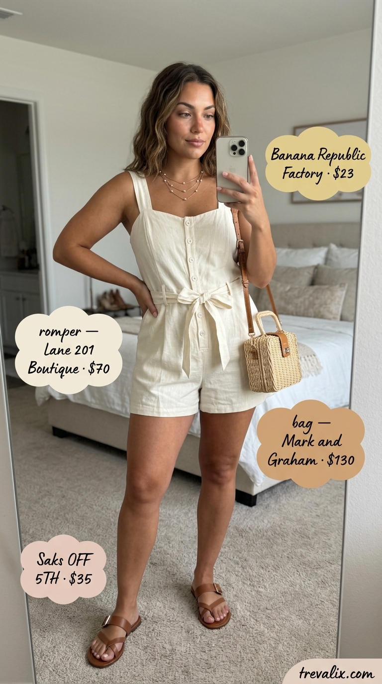 Cream linen romper with tan sandals and straw crossbody bag for summer wardrobe color trend ideas for women 2026.
