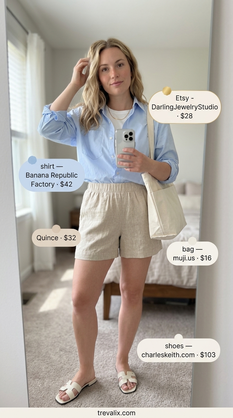 Beige linen shorts with oversized white shirt and leather slides for summer wardrobe color trend ideas for women 2026.