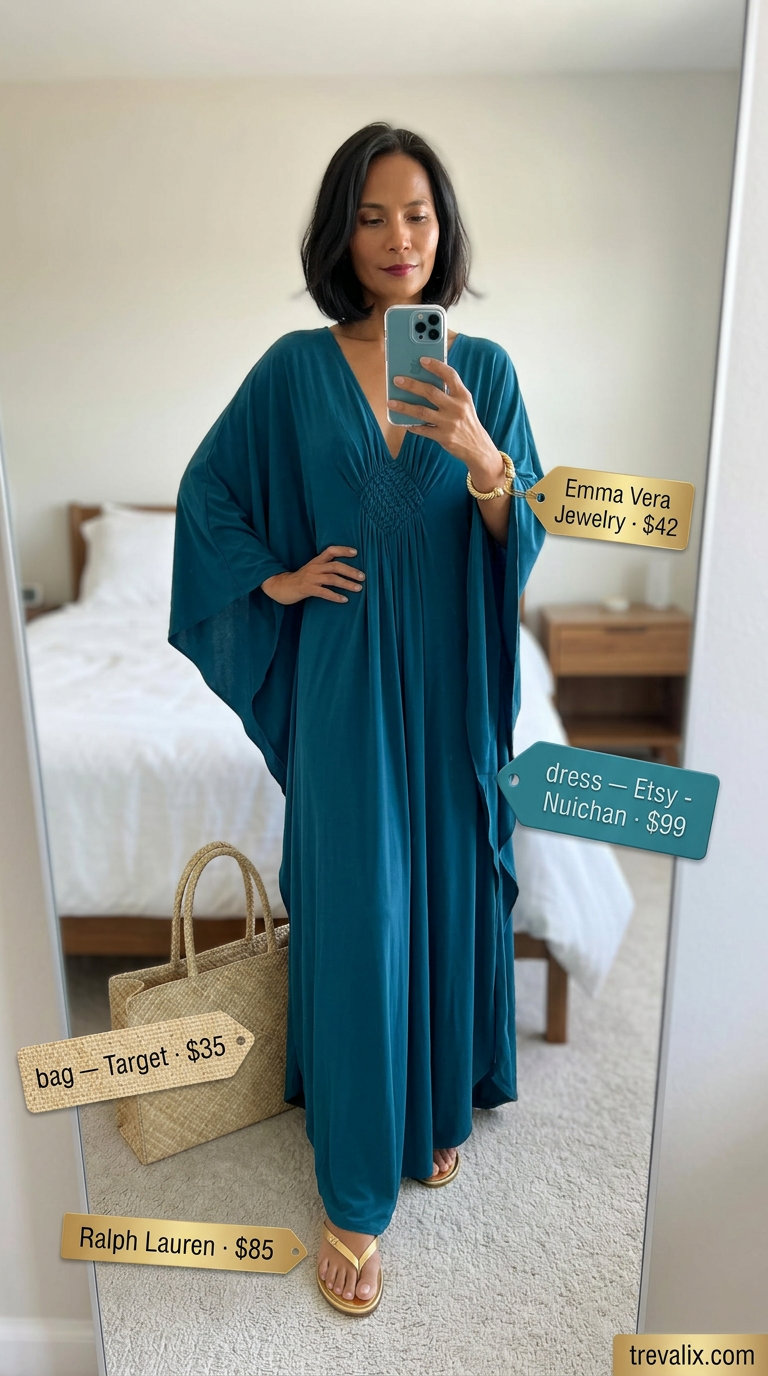 Teal maxi dress with gold sandals and straw tote for summer wardrobe color trend ideas for women 2026.