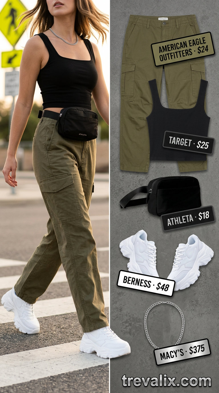 Olive green cargo pants outfit for women 2026: black crop top, platform sneakers. Streetwear style.