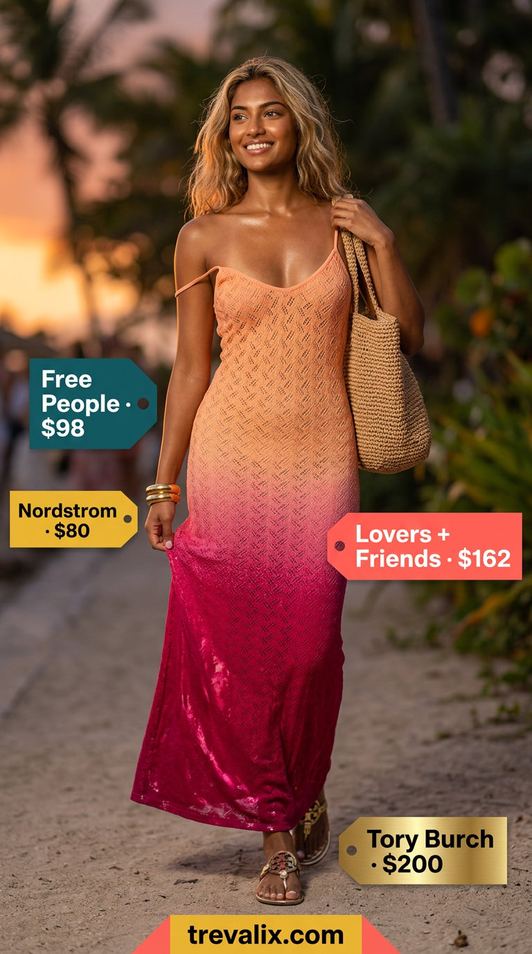 Magenta to orange ombre maxi dress with gold bangles and metallic sandals for summer wardrobe color trend ideas for women 2026.