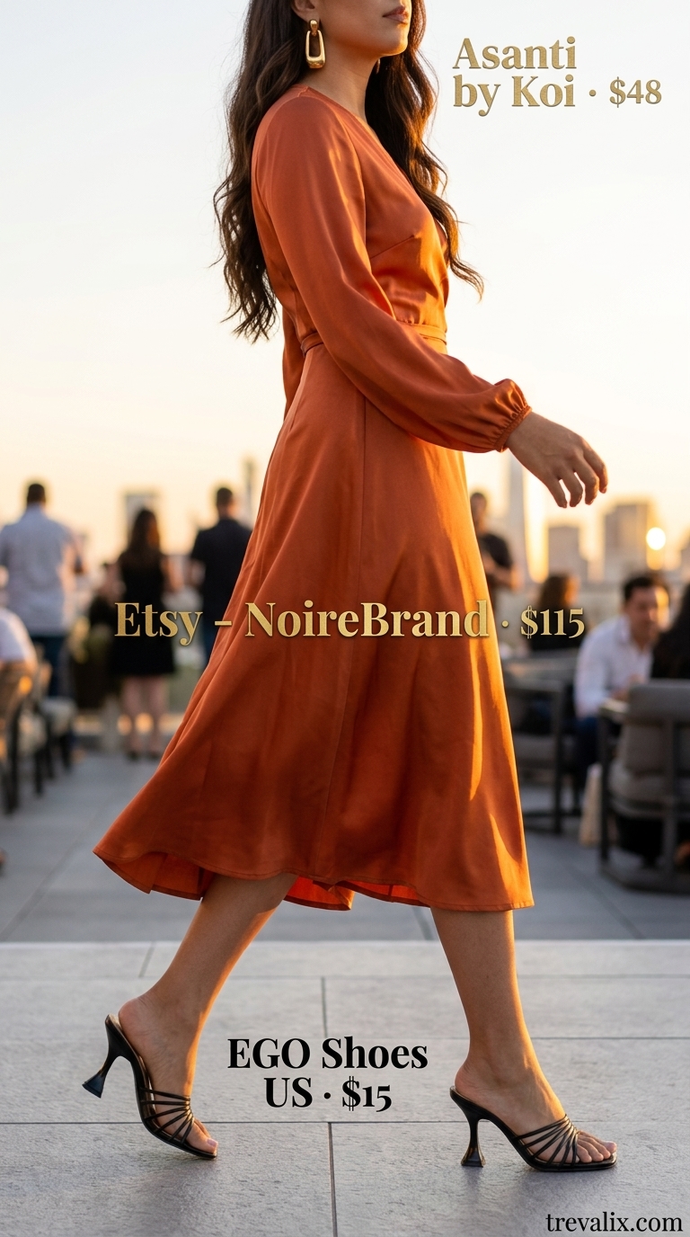 Mango orange midi wrap dress, black heels & gold earrings for rooftop summer wardrobe 2026 color trends.