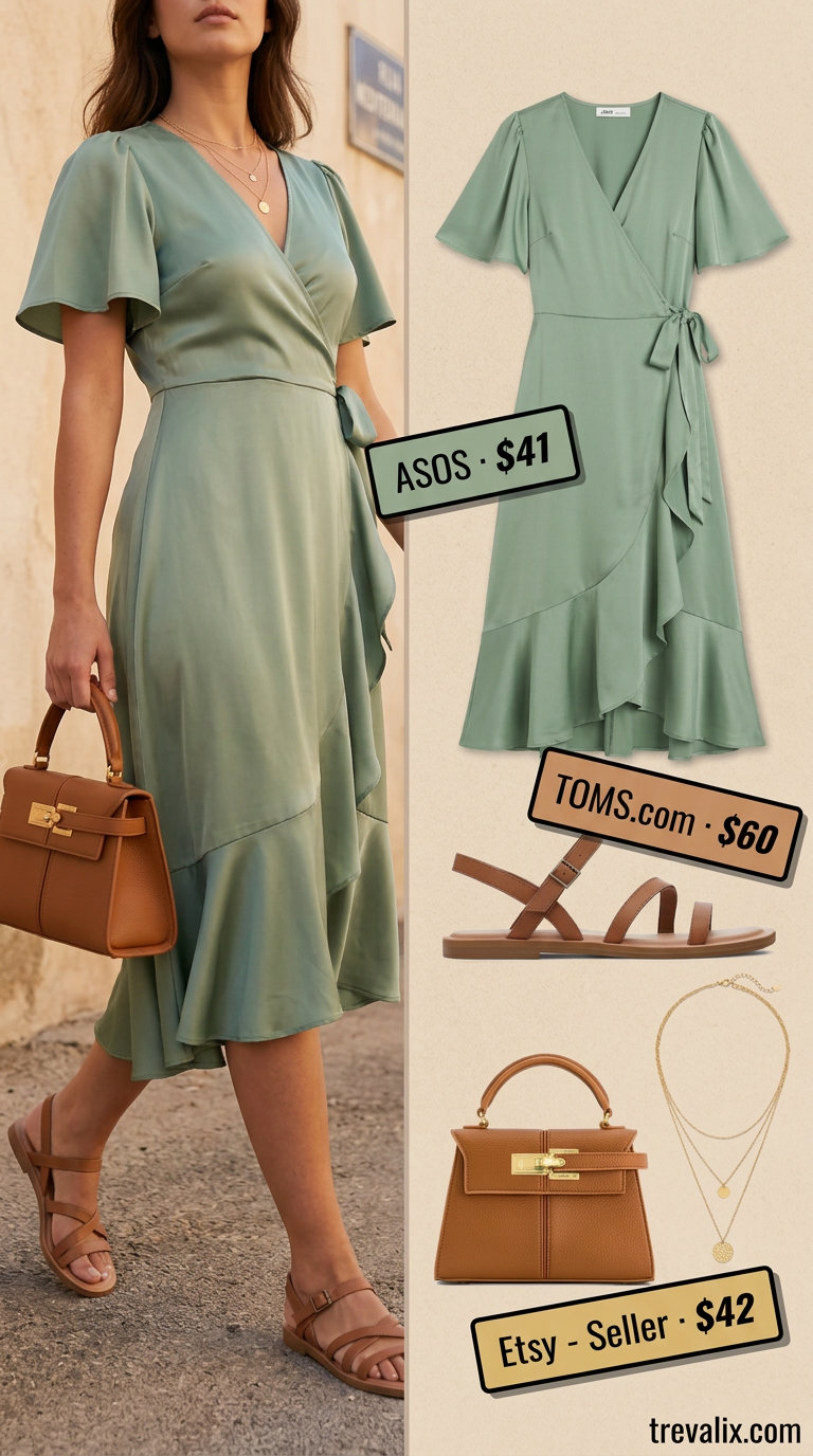 Sage green midi wrap dress with tan sandals and gold jewelry for summer wardrobe color trend ideas for women 2026.