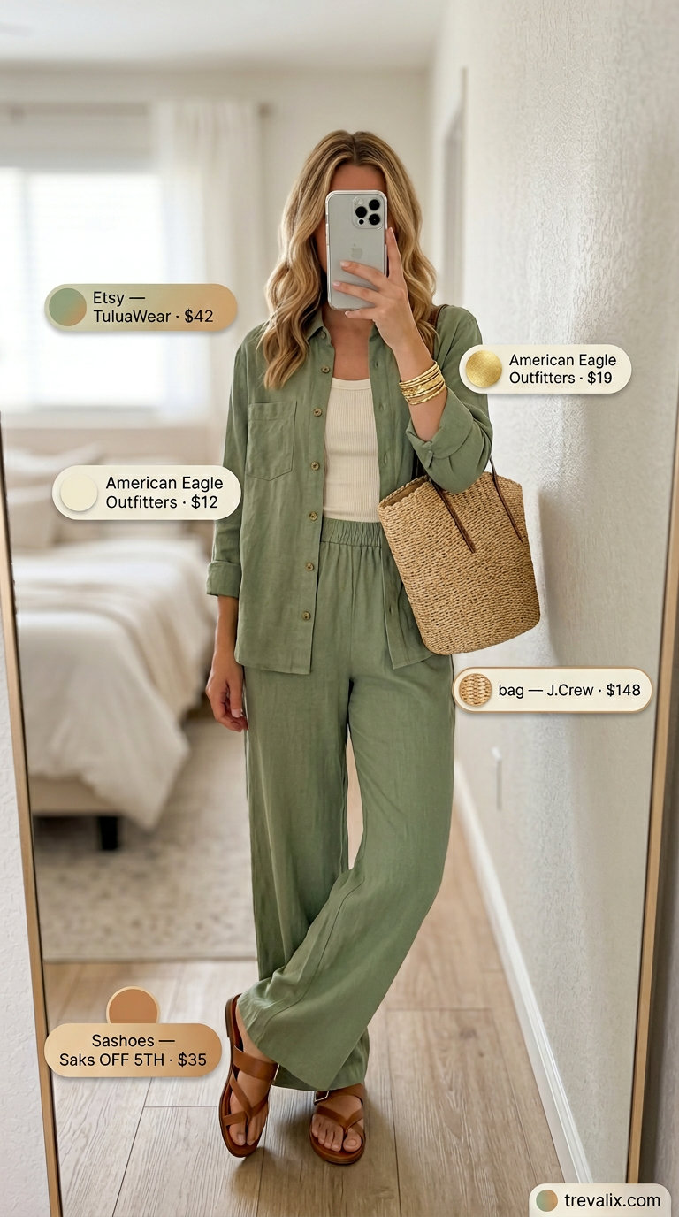 Sage green linen set outfit for women 2026: cream tank, tan slides, straw tote. Casual chic vacation wear.
