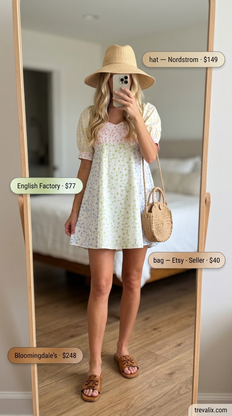 Floral print mini sundress, straw hat & bag for sunny day summer wardrobe 2026 color trends.