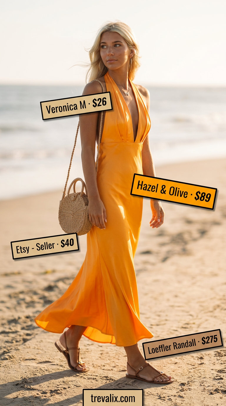Bright orange maxi dress, tan sandals & straw bag for sunset summer wardrobe 2026 color trends.