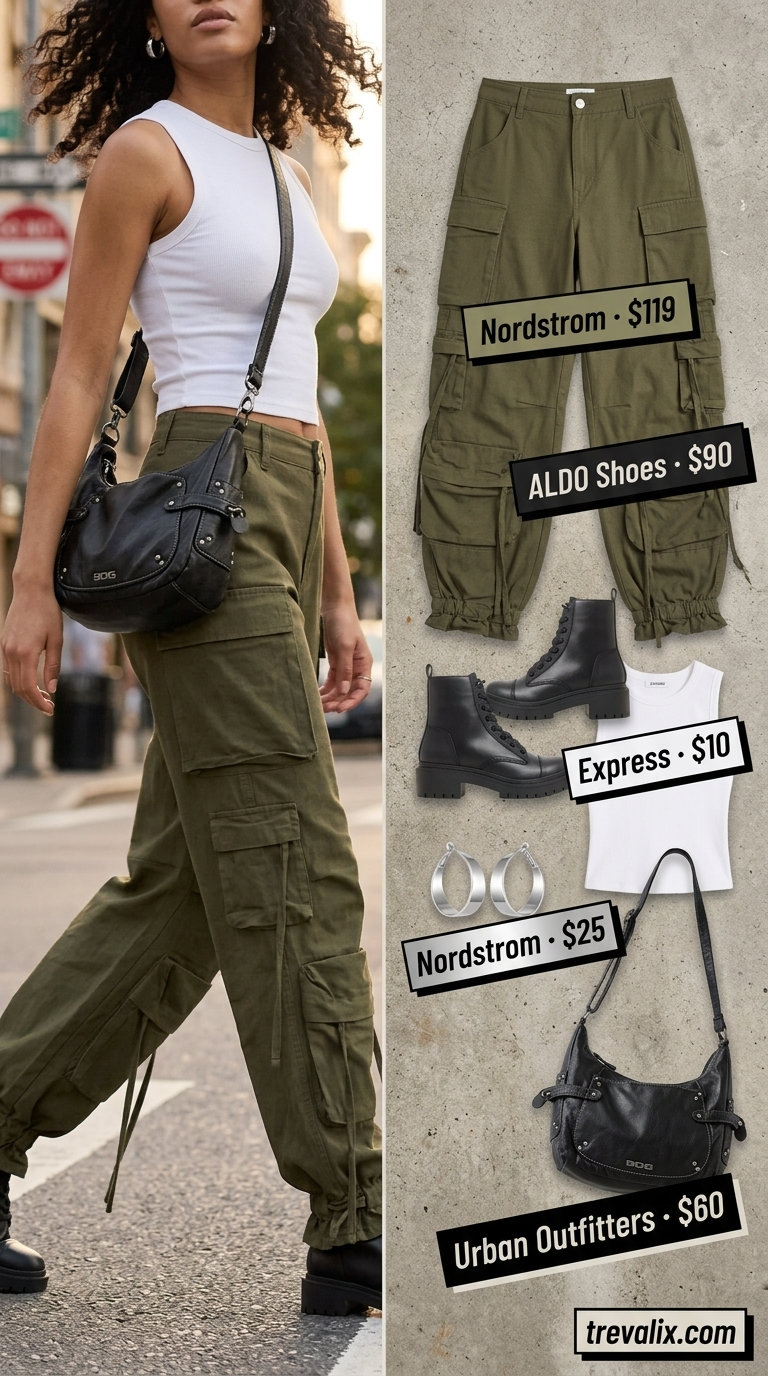 Khaki cargo pants, white tank, black boots & bag for urban explorer chic summer wardrobe 2026 color trends.