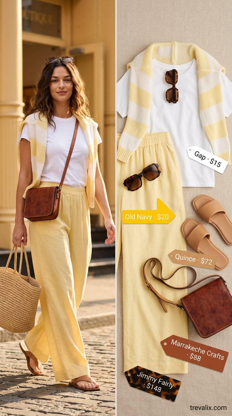 Lemon yellow linen pants outfit for women 2026: white tee, leather sandals, crossbody bag. Casual comfort style.