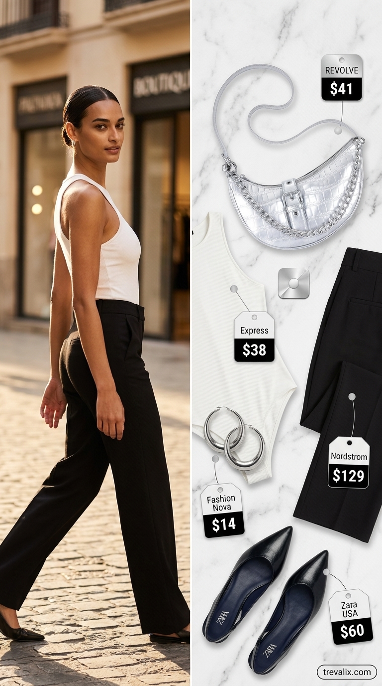 Chic black wide-leg trousers, white bodysuit, and silver accessories. Color trend summer fashion outfits for women 2026.