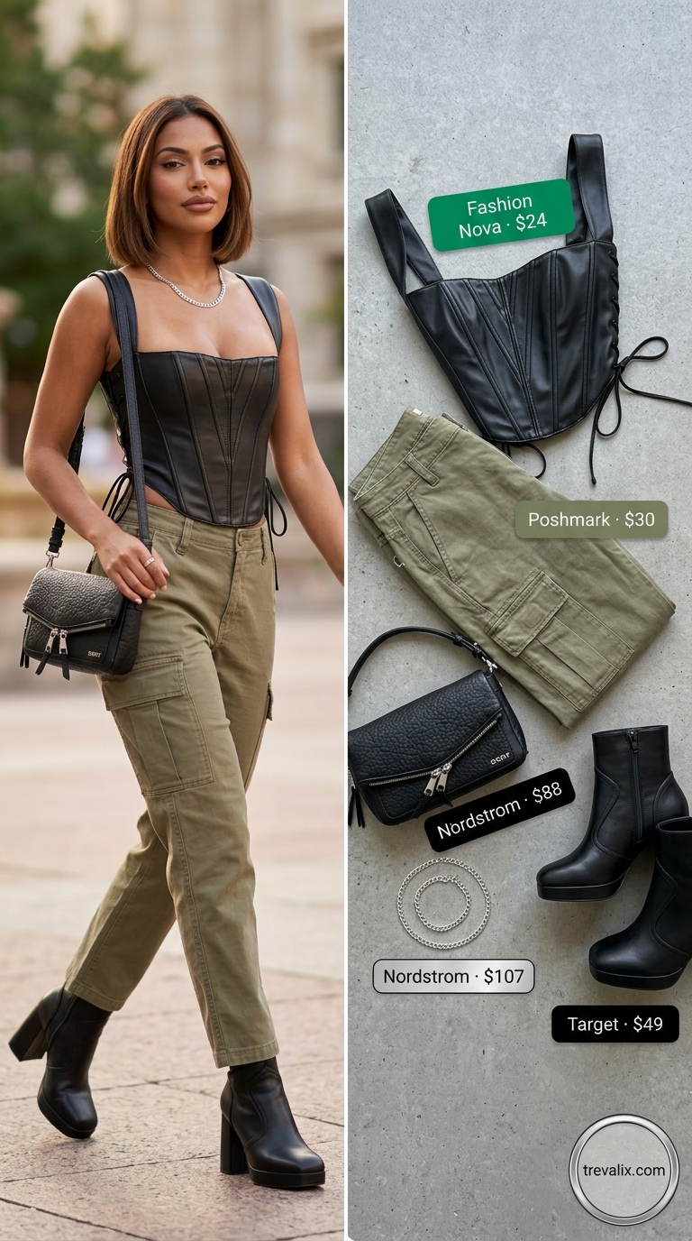 Color trend summer fashion outfits for women 2026: Black corset top, khaki cargo pants, platform boots for edgy style.
