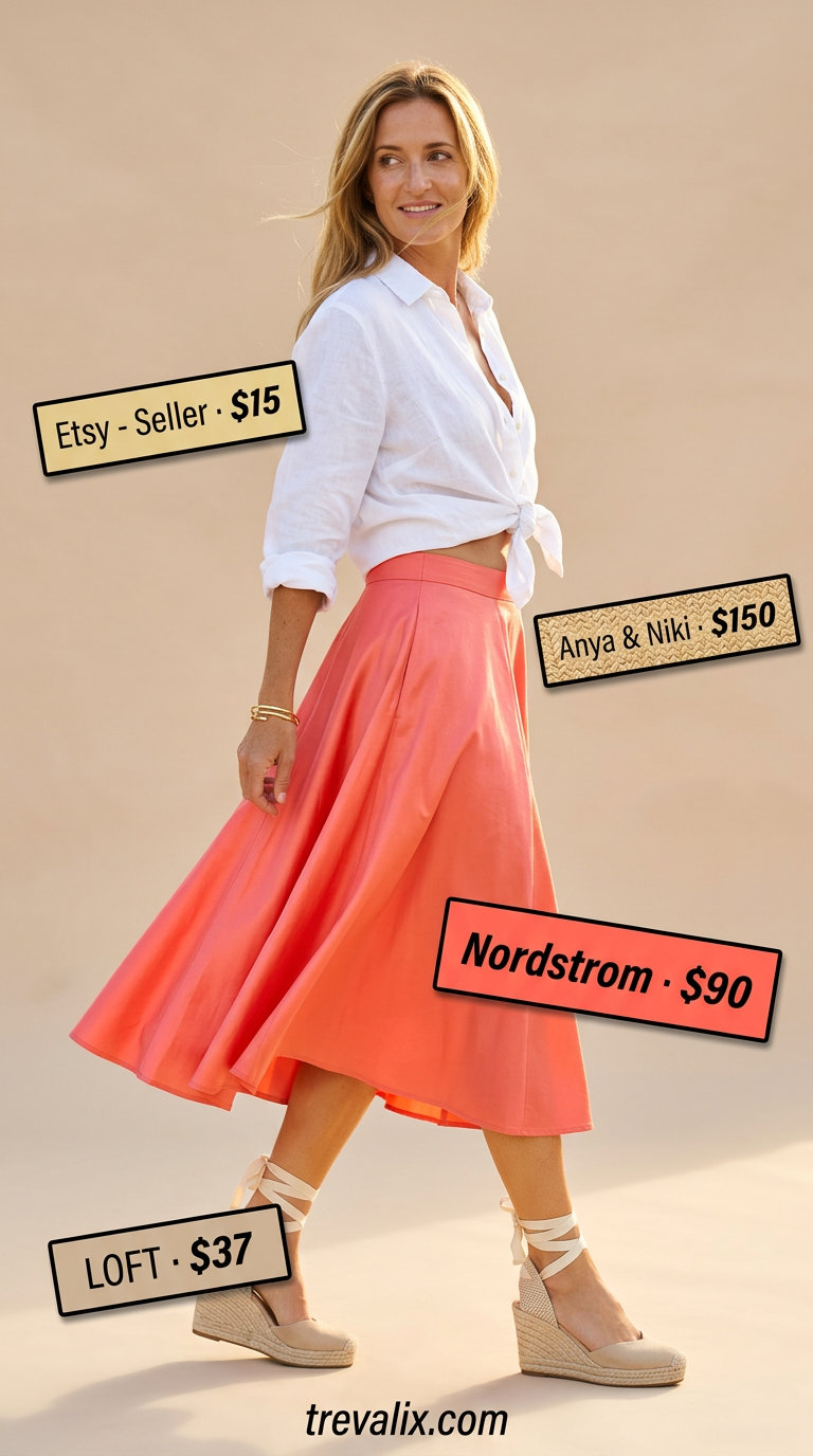 Coral midi skirt, white crop top, and wedge espadrilles. Color trend summer fashion outfits for women 2026.