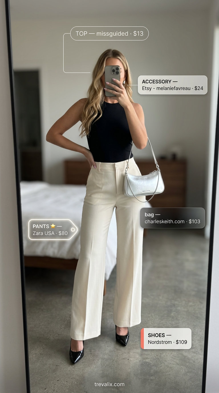 Color trend summer fashion outfits for women 2026: Cream wide-leg pants, black bodysuit, silver bag for office or evening.
