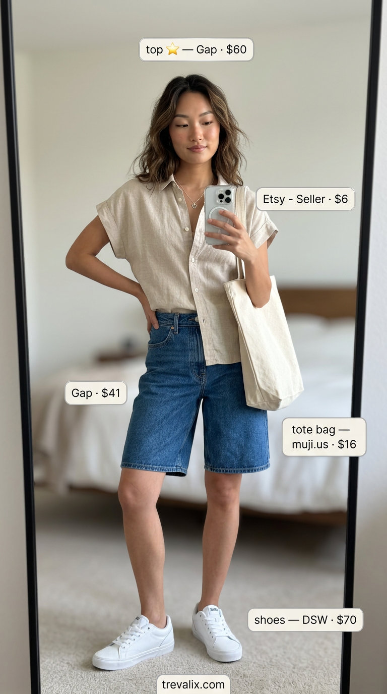 Color trend summer fashion outfits for women 2026: Denim shorts, beige linen shirt, white sneakers for weekend casual.