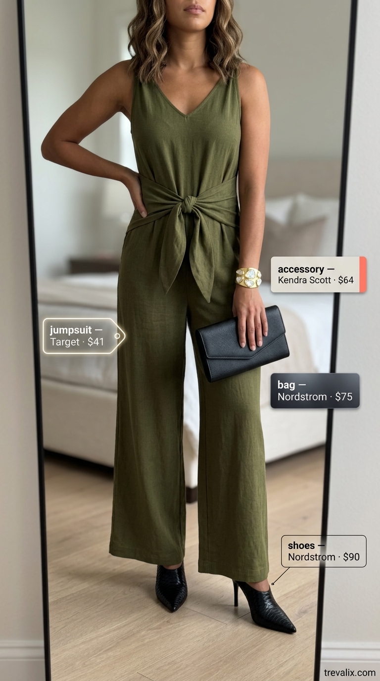 Color trend summer fashion outfits for women 2026: Olive green jumpsuit, black mules, gold cuff for elegant utility.