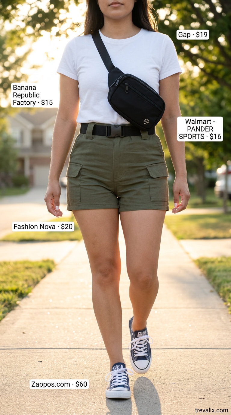 Casual khaki cargo shorts, white tee, navy cap, and belt bag. Color trend summer fashion outfits for women 2026.
