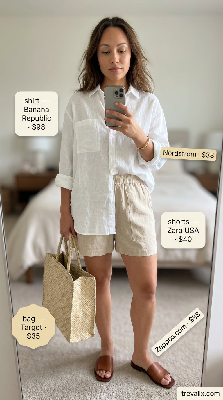 Color trend summer fashion outfits for women 2026: Beige linen shirt, linen shorts, straw tote for casual summer.