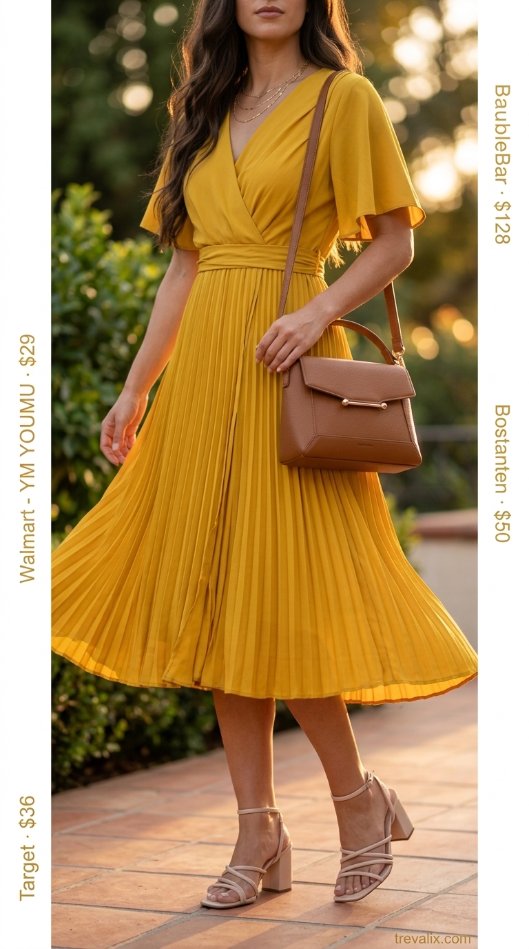 Marigold yellow wrap dress with gold jewelry and tan sandals. Color trend summer fashion outfits for women 2026.