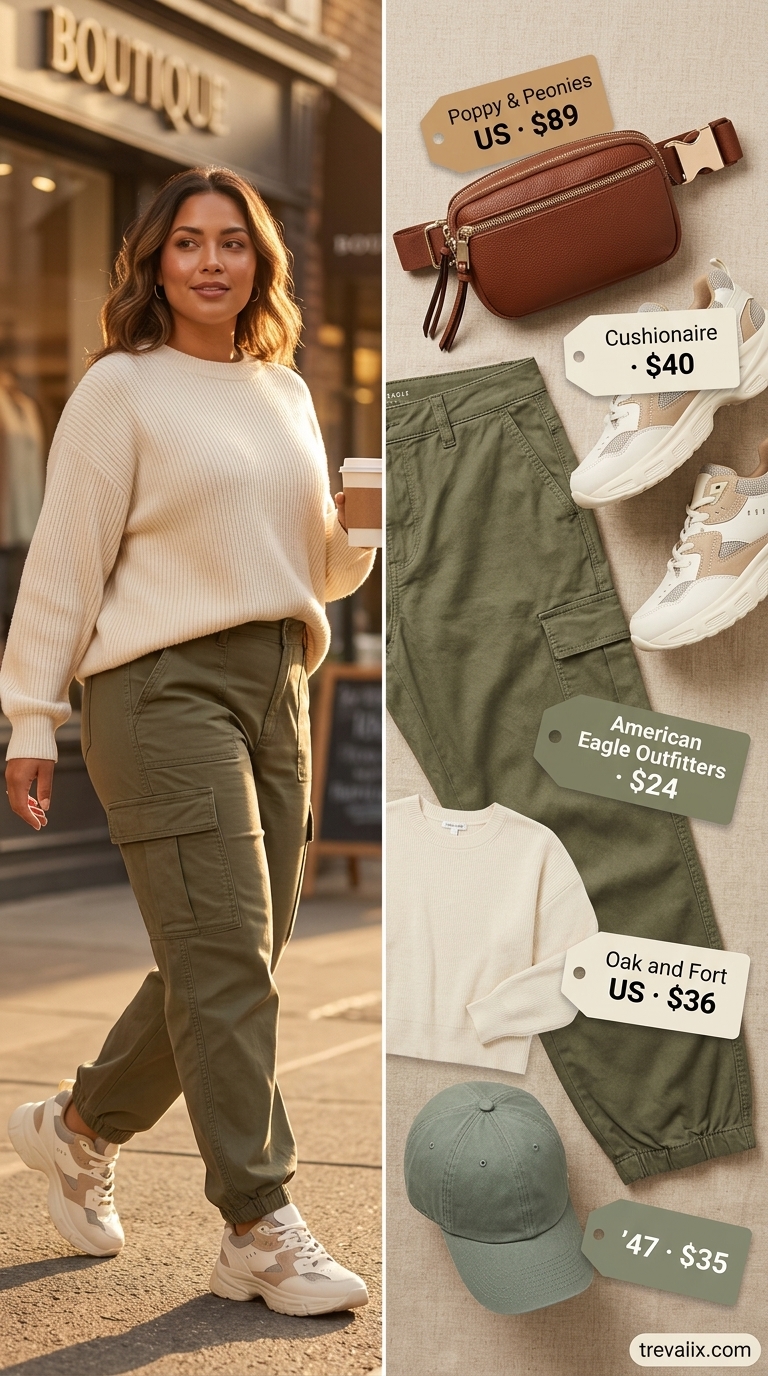 Olive green cargo pants, cream sweater, and neutral sneakers. Color trend summer fashion outfits for women 2026.