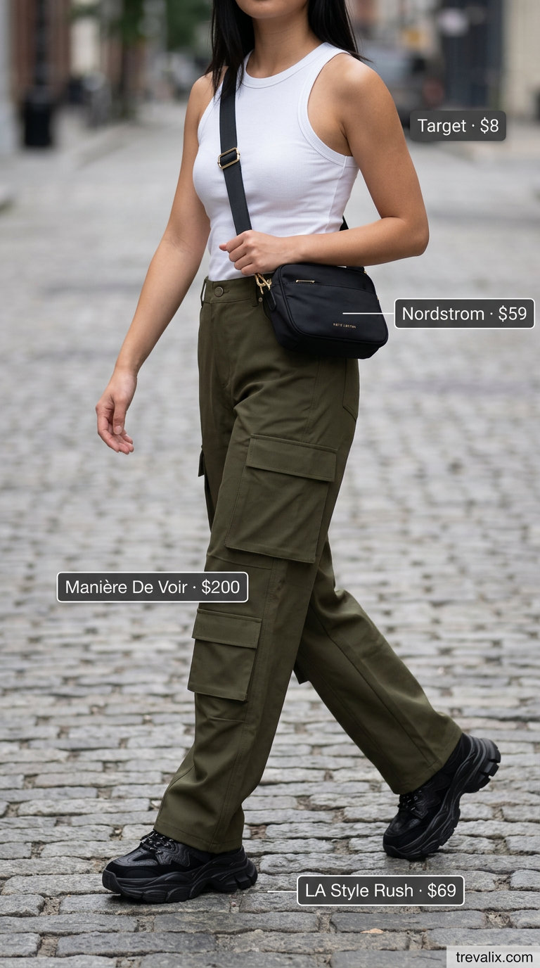 Olive green cargo pants, white tank top, and chunky sneakers. Color trend summer fashion outfits for women 2026.