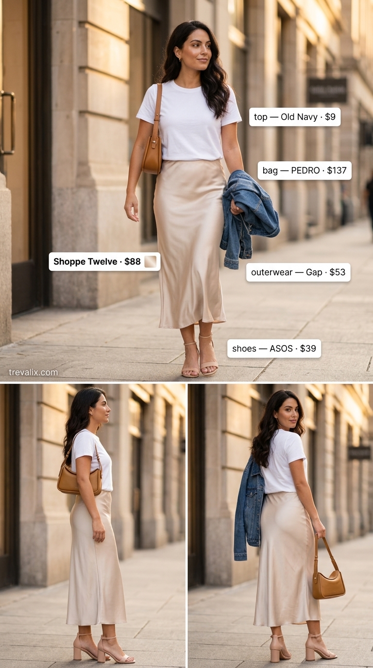 Color trend summer fashion outfits for women 2026: Champagne slip skirt, white tee, denim jacket for date night.