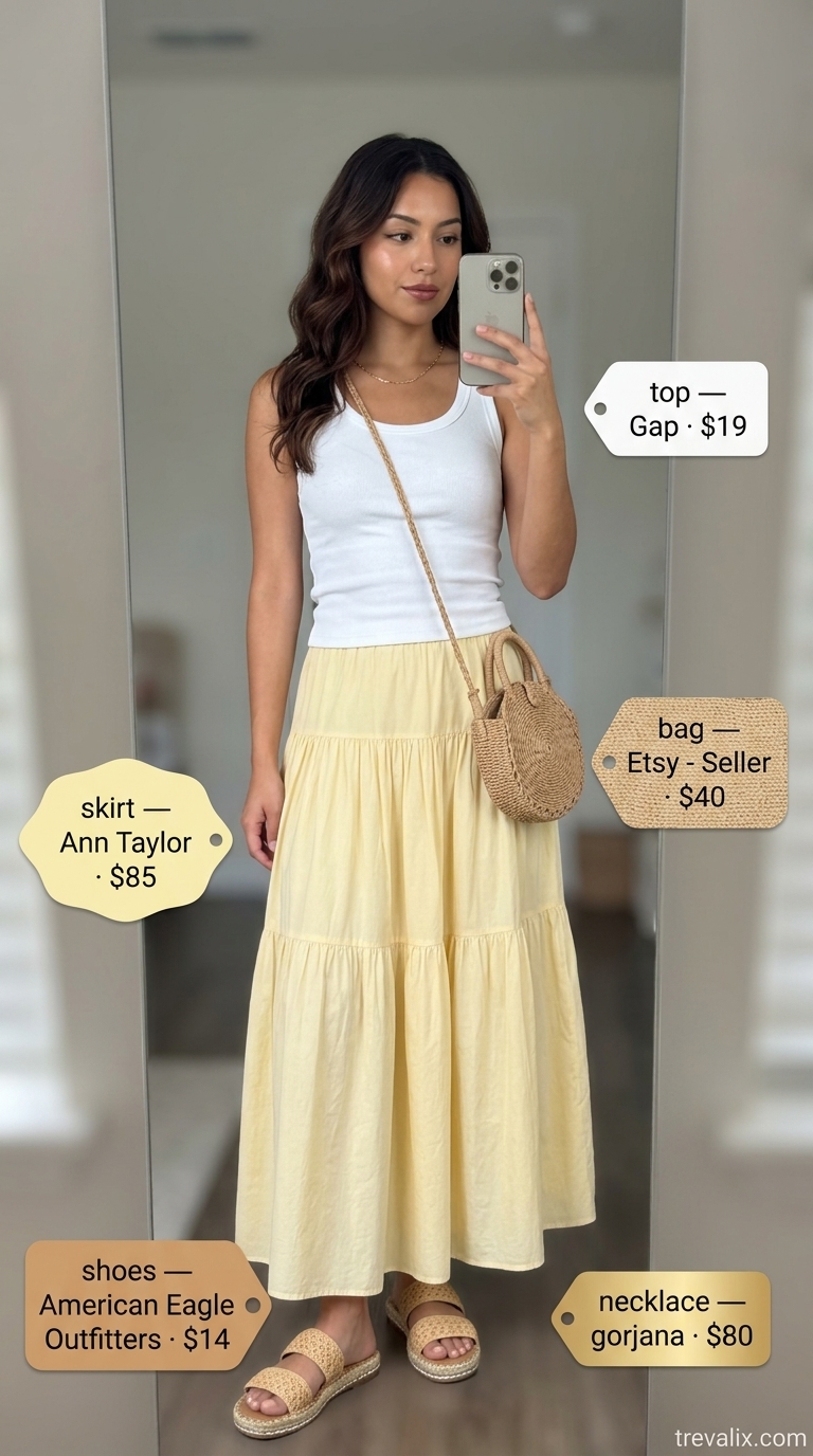 Bright yellow midi skirt, white tank, and espadrille sandals. Color trend summer fashion outfits for women 2026.