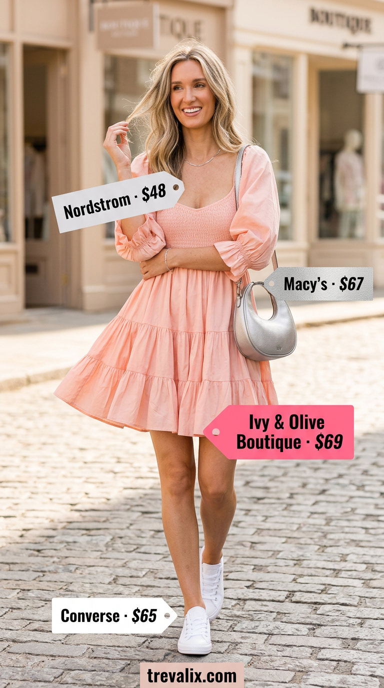 Blush pink babydoll mini dress with white sneakers. Color trend summer fashion outfits for women 2026.