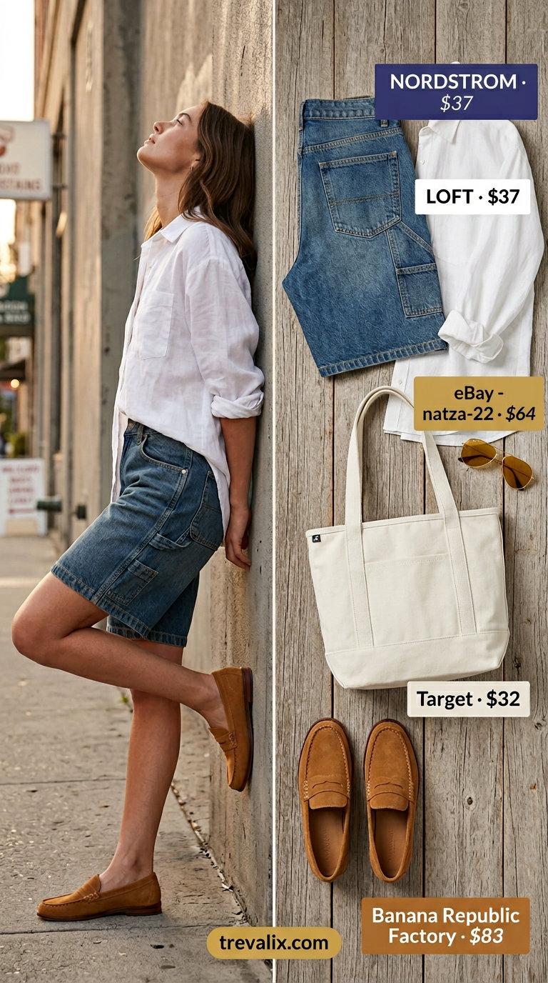 Denim shorts, white linen shirt, and loafers for casual summer. Color trend summer fashion outfits for women 2026.