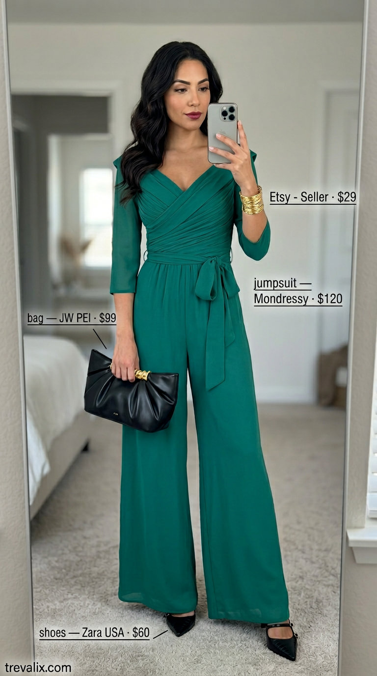 Emerald green wide-leg jumpsuit with black clutch and gold jewelry. Color trend summer fashion outfits for women 2026.