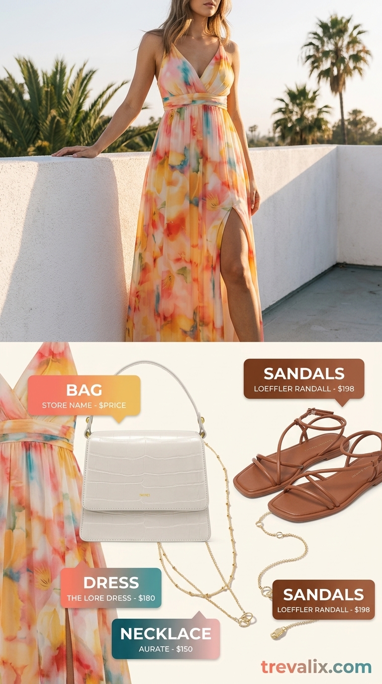 Floral maxi dress with tan sandals and layered gold necklaces. Color trend summer fashion outfits for women 2026.