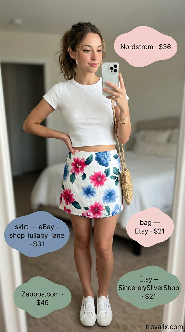 Floral mini skirt, white crop top, and sneakers for summer. Color trend summer fashion outfits for women 2026.