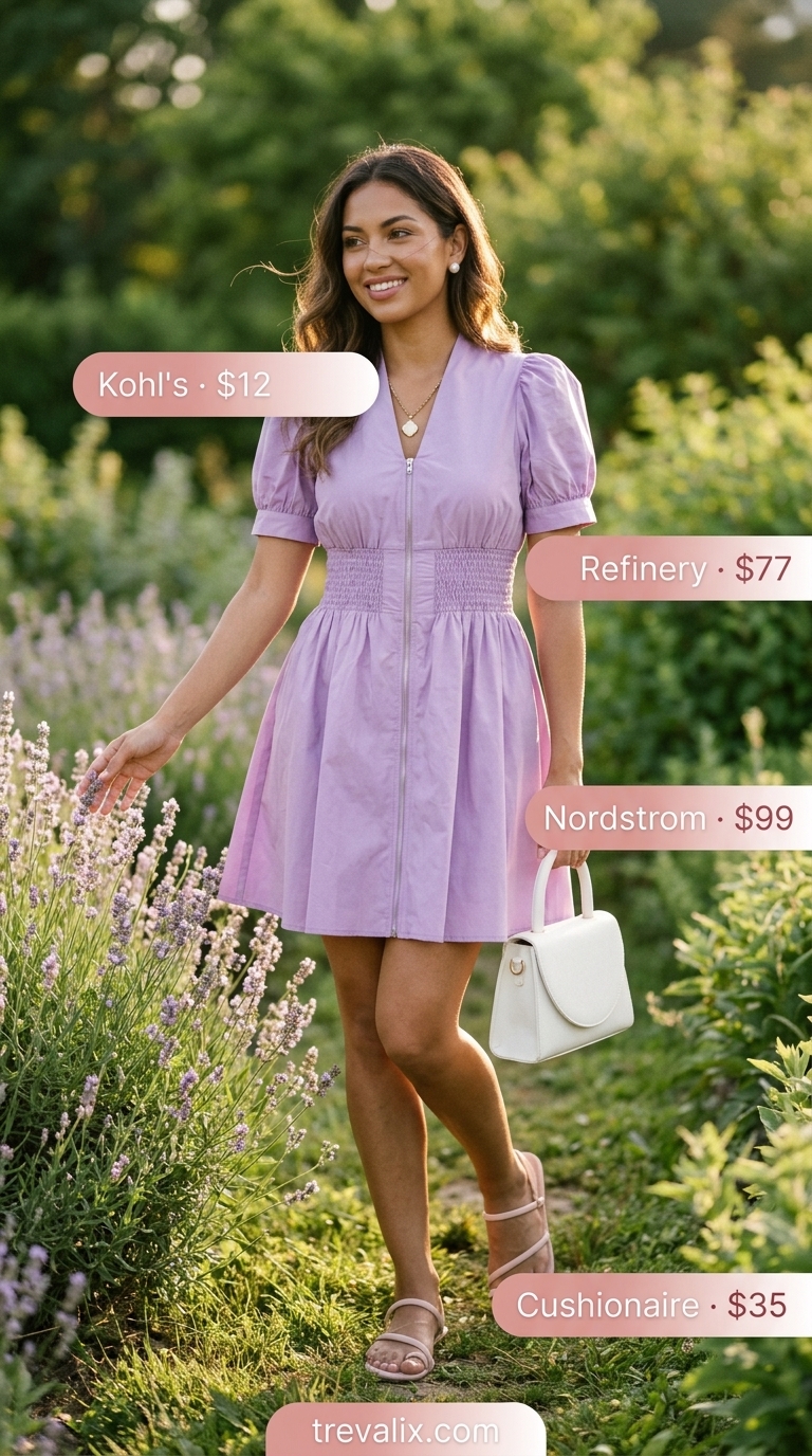 Lavender mini dress with floral print, blush pink sandals, and white bag. Color trend summer fashion outfits for women 2026.