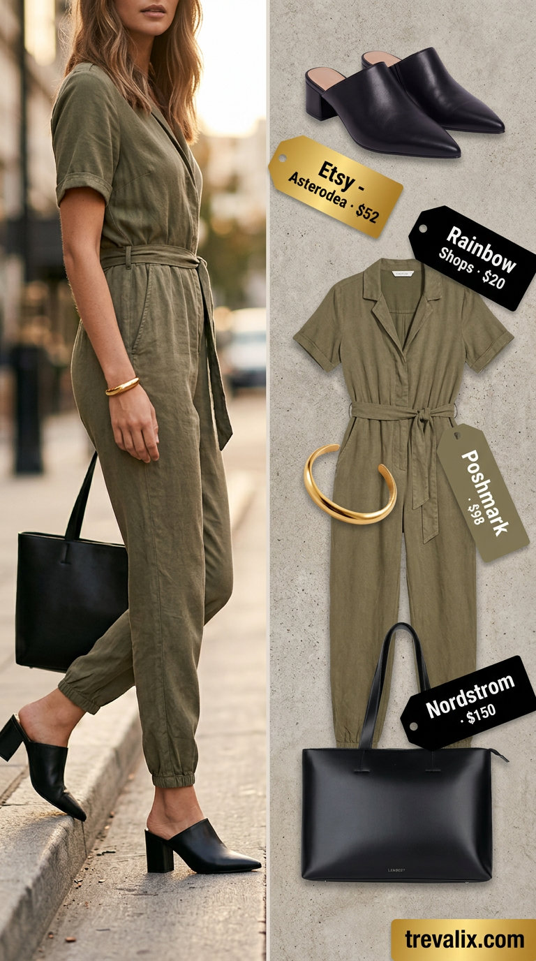 Olive green utility jumpsuit with black mules and gold bracelet. Color trend summer fashion outfits for women 2026.
