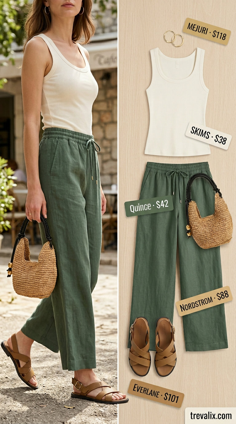 Sage green linen pants, cream tank top, and straw bag. Color trend summer fashion outfits for women 2026.
