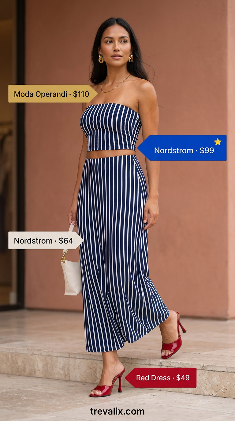 Navy and white striped two-piece set with red heels. Color trend summer fashion outfits for women 2026.