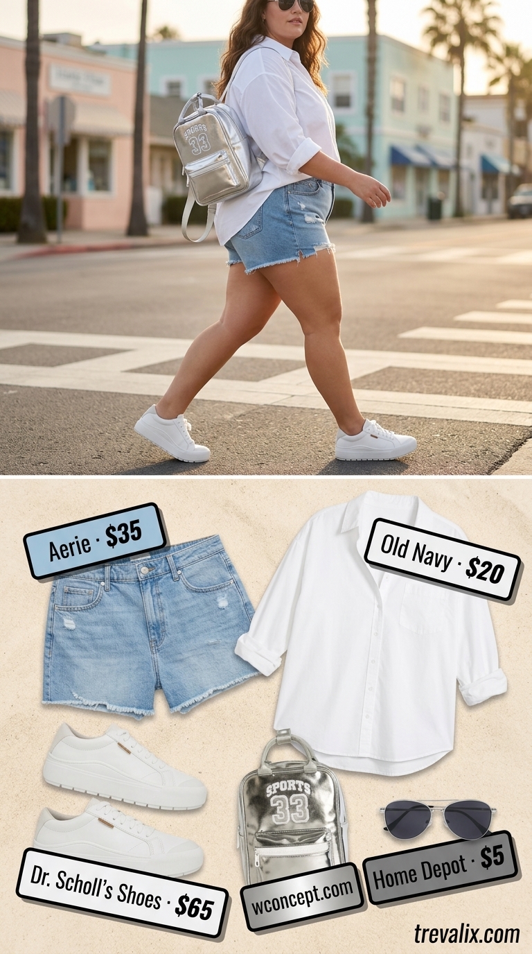 Colorful plus size summer outfits for women 2026: Sky blue denim shorts, white button-down, silver aviators for a casual day out.