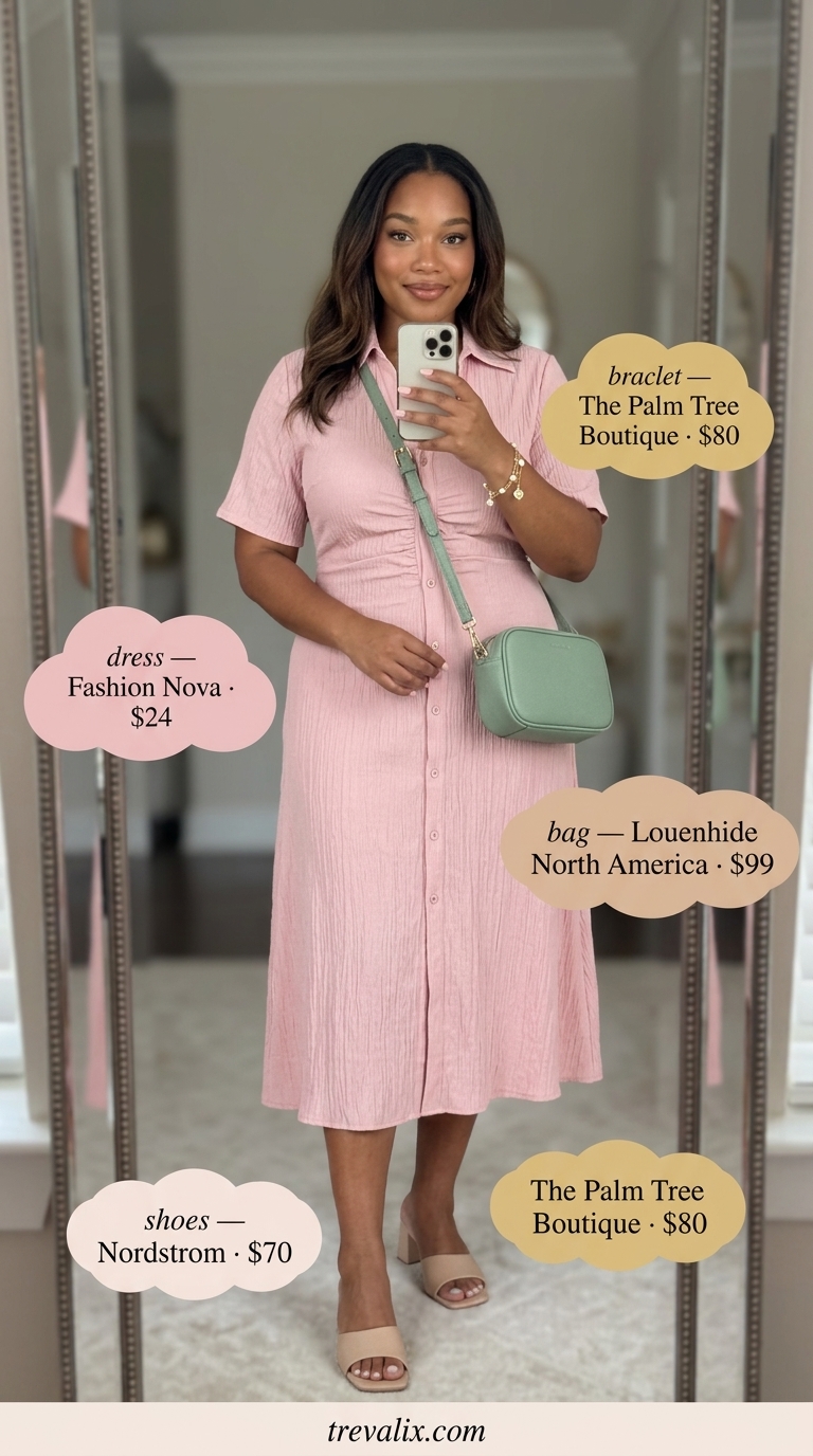 Colorful plus size summer outfits for women 2026: Blush pink shirt dress for summer brunch or garden party.