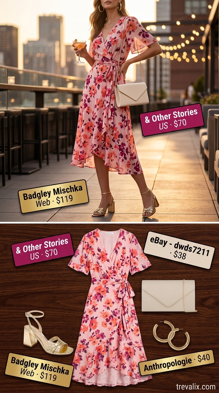 Colorful plus size summer outfits for women 2026: Coral pink wrap dress for a summer dinner date or rooftop party.
