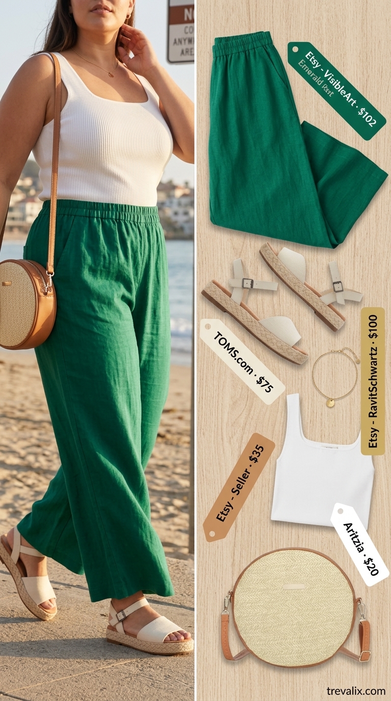 Colorful plus size summer outfits for women 2026: Emerald green linen pants, white tank for sightseeing or brunch.
