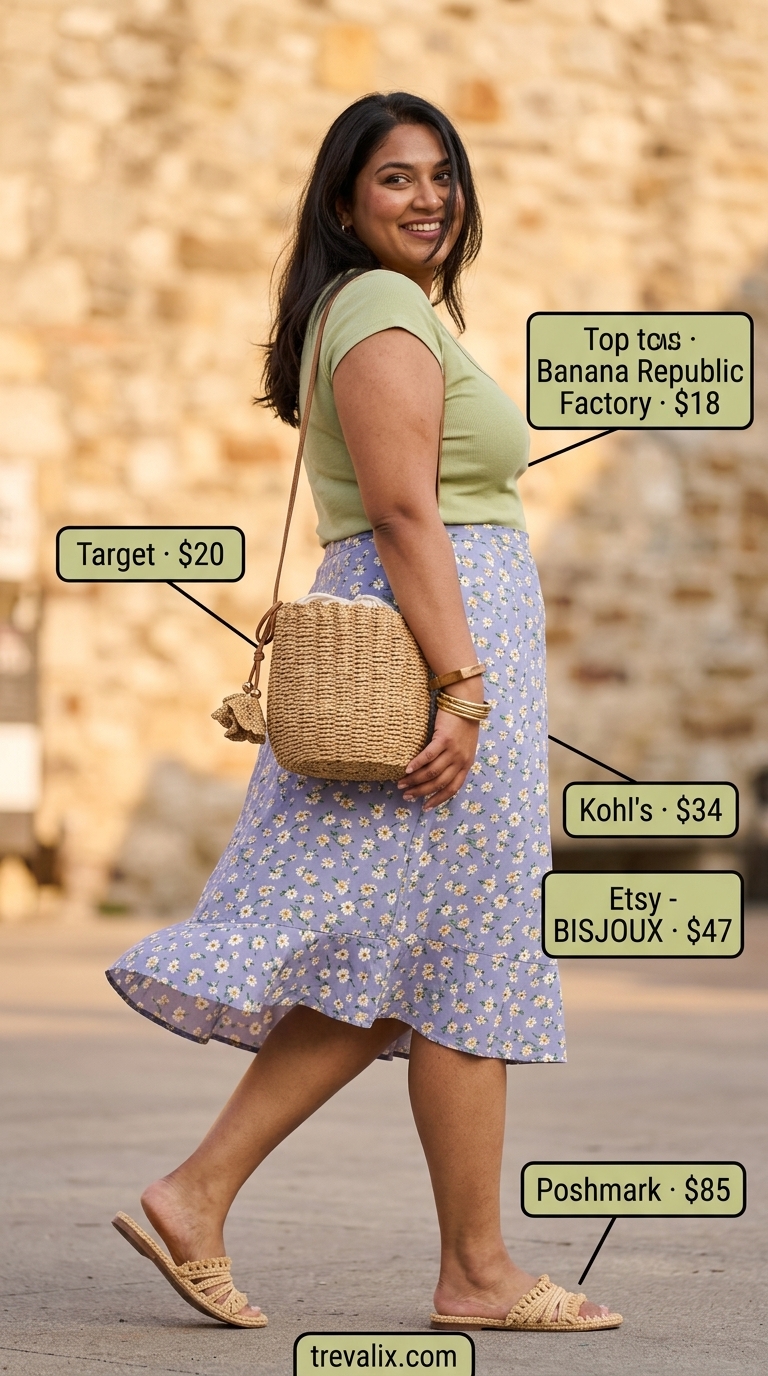 Colorful plus size summer outfits for women 2026: Lavender floral midi skirt, sage green top for farmers market.