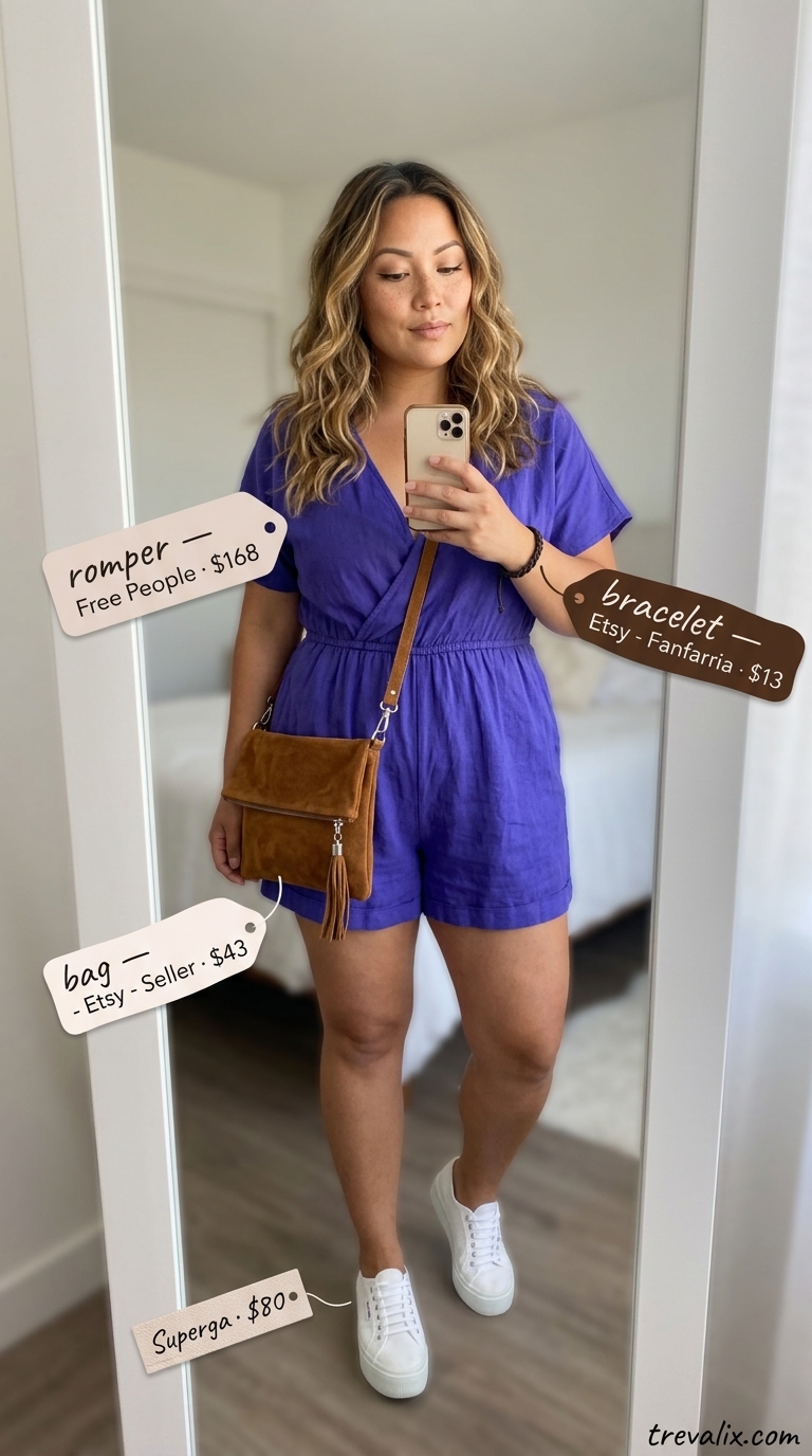 Colorful plus size summer outfits for women 2026: Royal purple romper for casual day out or outdoor festival.